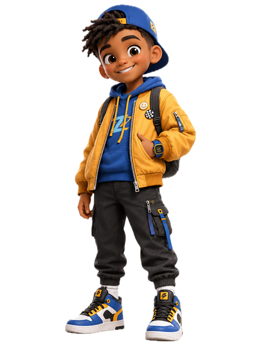 The Alpha figurine — a young boy in a yellow jacket and blue cap