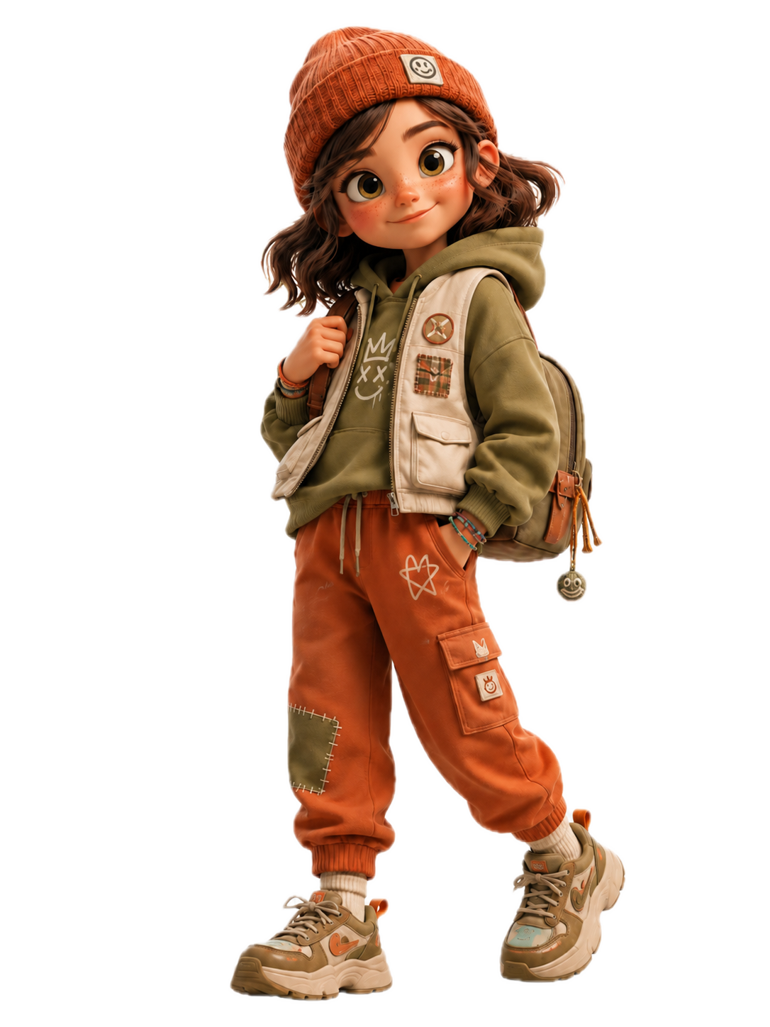 The Z figurine — a teenager in a sage jacket and rust beanie